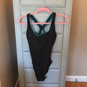 Women’s black one piece speedo, teal border